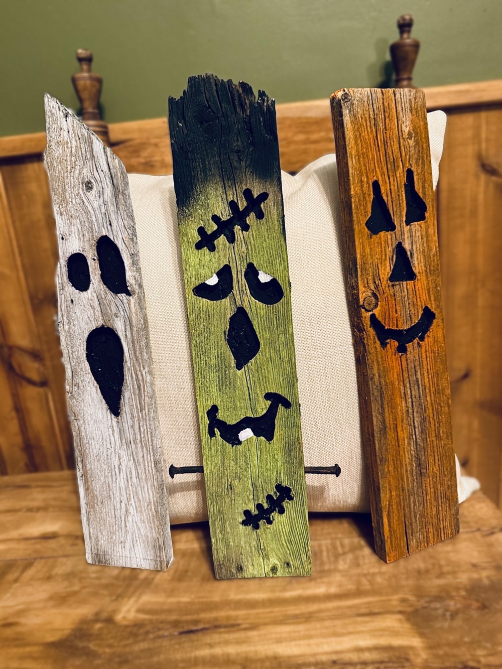 Handcrafted Halloween Wall Decor Trio - Green, Orange, Gray - Rustic Wood Faces